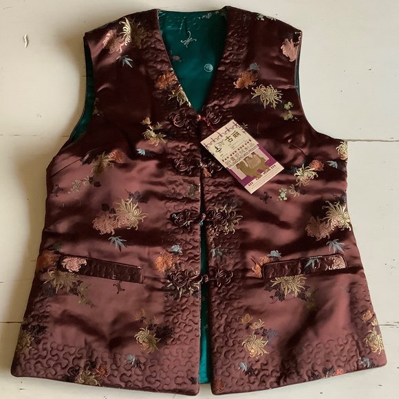 NWT Xin Jiang Camel Wool insulated Reversible teal & brown Satin Vest Large - Picture 1 of 8